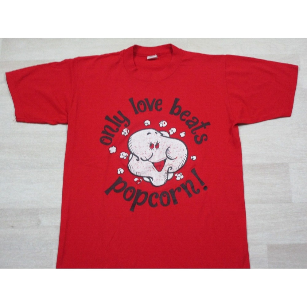 Vintage 1980's "ONLY LOVE BEATS POPCORN" FUNNY CARTOON HUMOR t-shirt (M) USA
